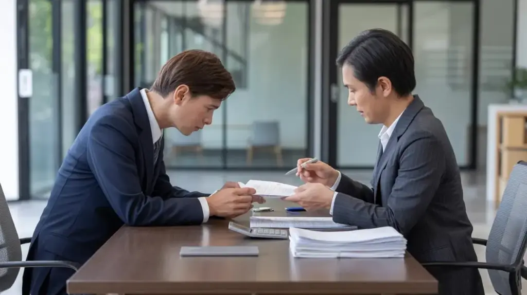 特定技能1号の外国人労働者が給与契約について相談している様子