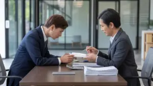 特定技能1号の外国人労働者が給与契約について相談している様子